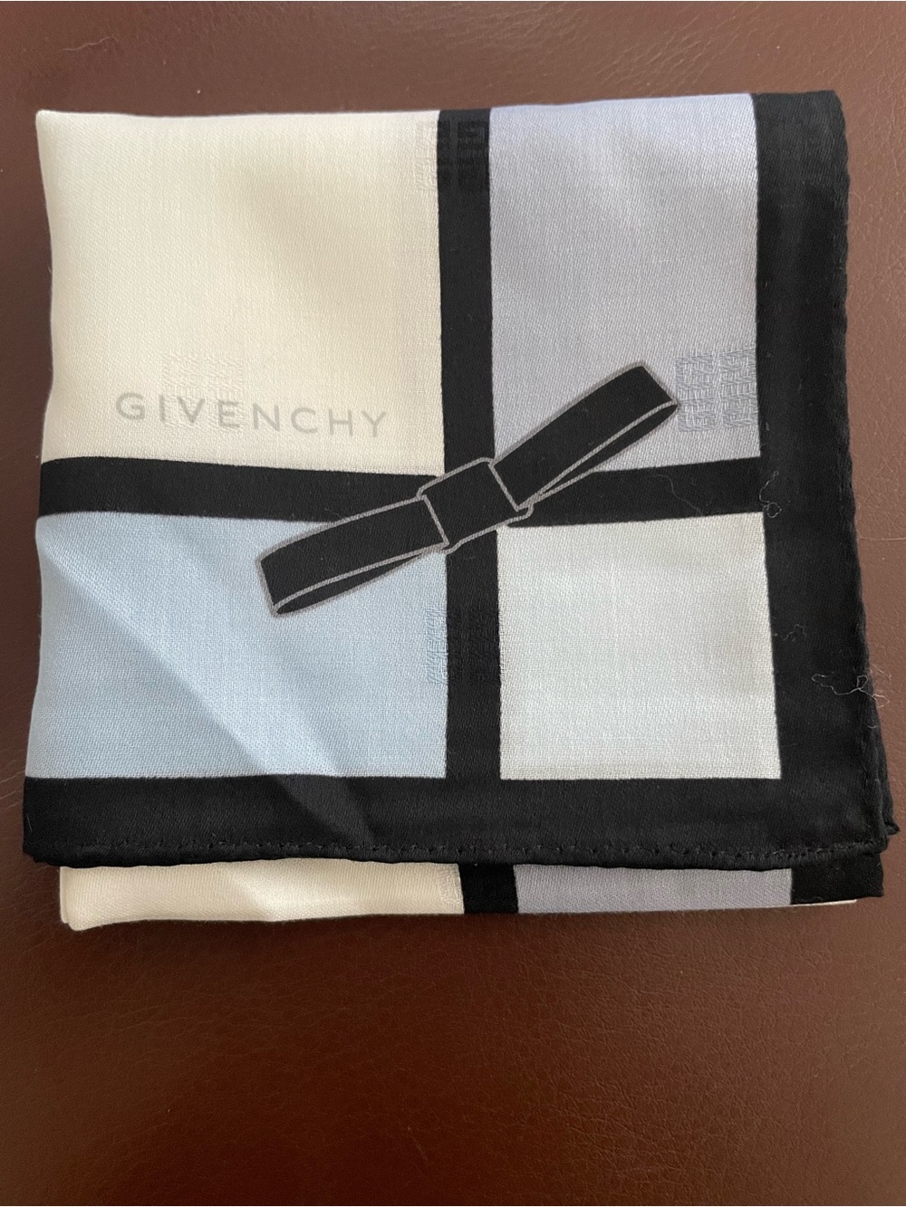 Givenchy White, Black & Light Blue Pocket Square with Bow Motif - 20 x20